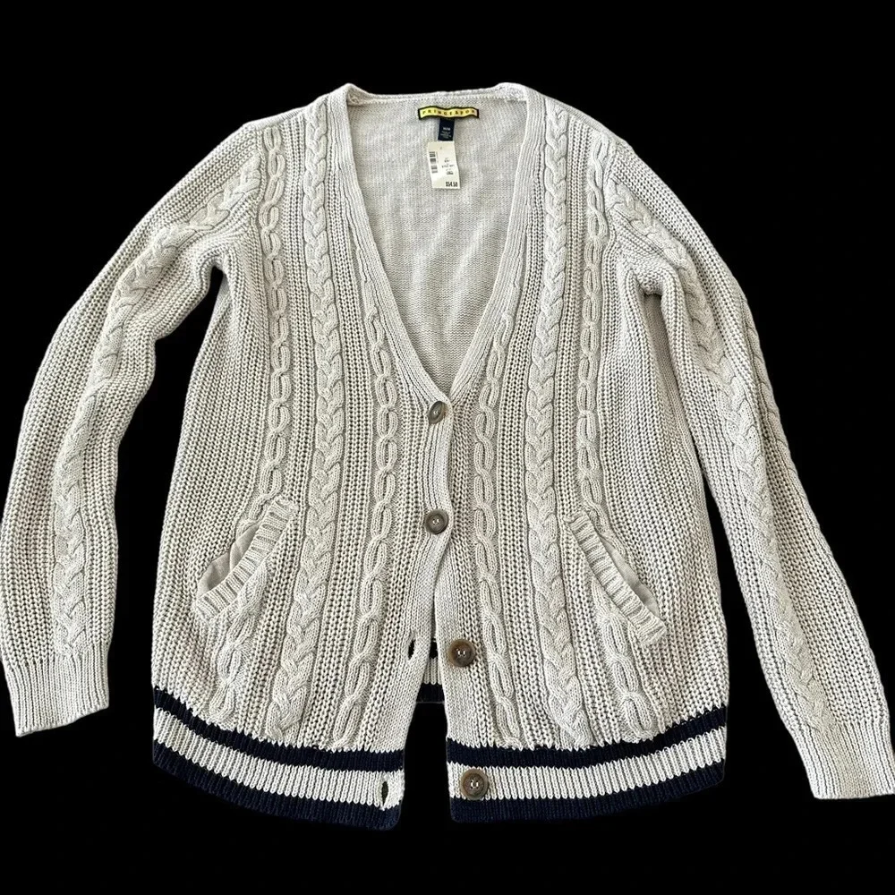 NWT Prince & Fox Medium Cable Cardigan Sweater Grandpa Oatmeal Navy New Longline